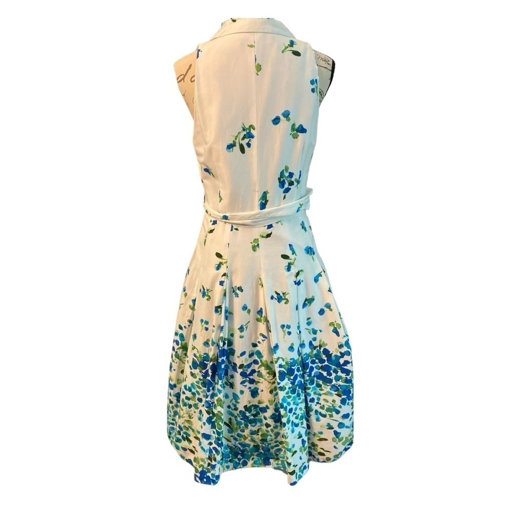 JONES WEAR DRESS, white with blue floral. Faux wrap top, belted, fit & flare. - Picture 4 of 11